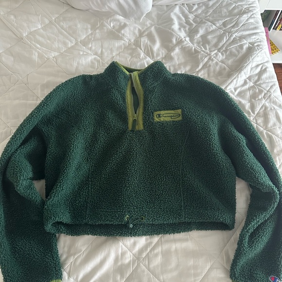 champion green fleece sherpa cropped half zip pullover sweater - Picture 2 of 7